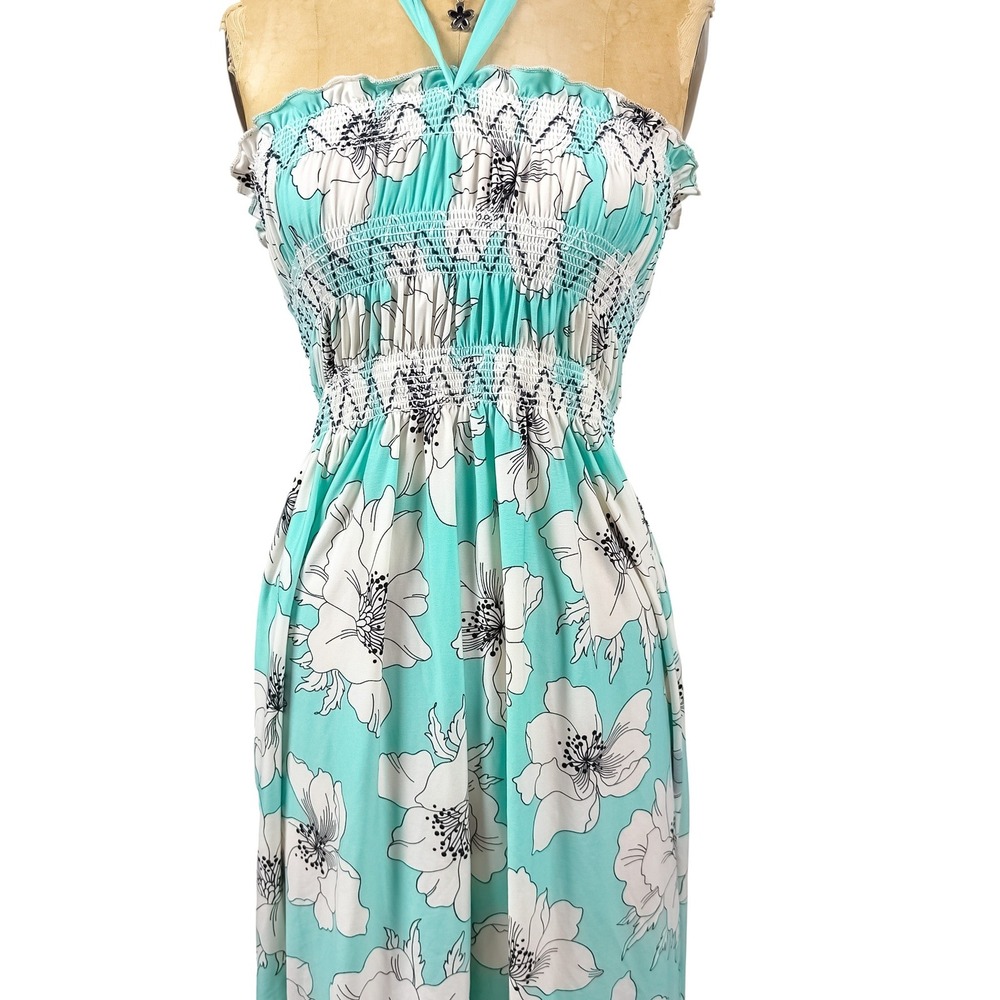 2000s Floral Halter Dress Turquoise Smocked Waist Tropical Beachy Boho Size S - Picture 8 of 8